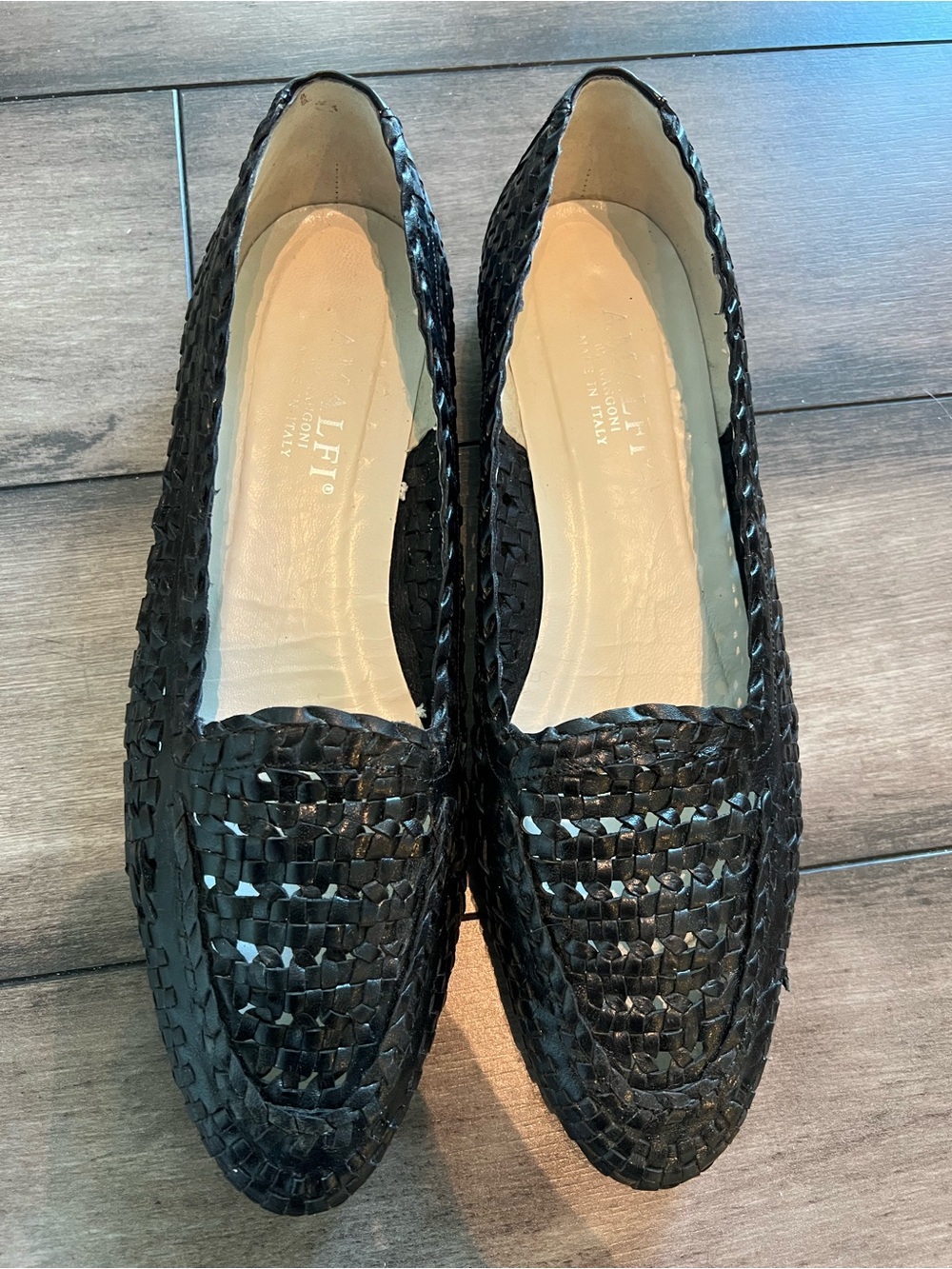 Vintage Amalfi Woven Leather Black Slip On Loafer Flats Italy Women’s Size 10B